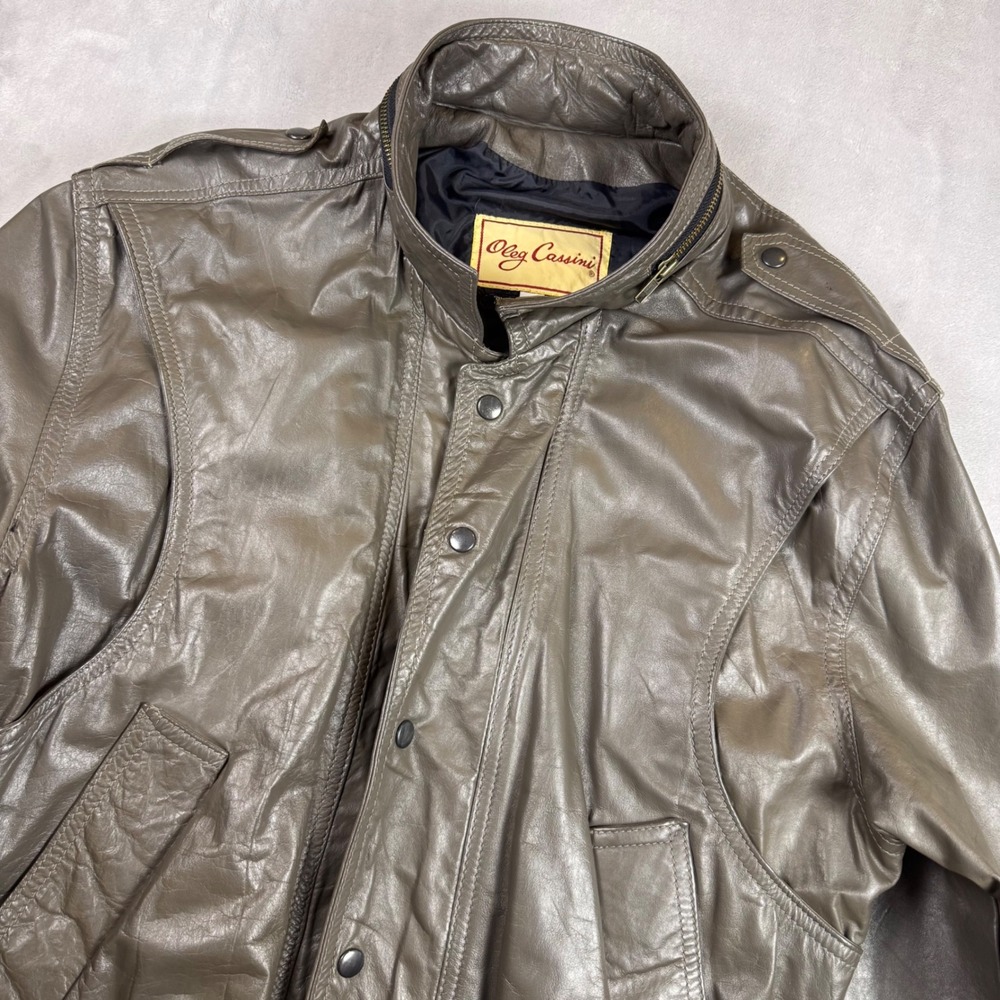 Oleg Cassini Genuine Leather Bomber Jacket Mens Size 42 Made Argentina Gray VTG